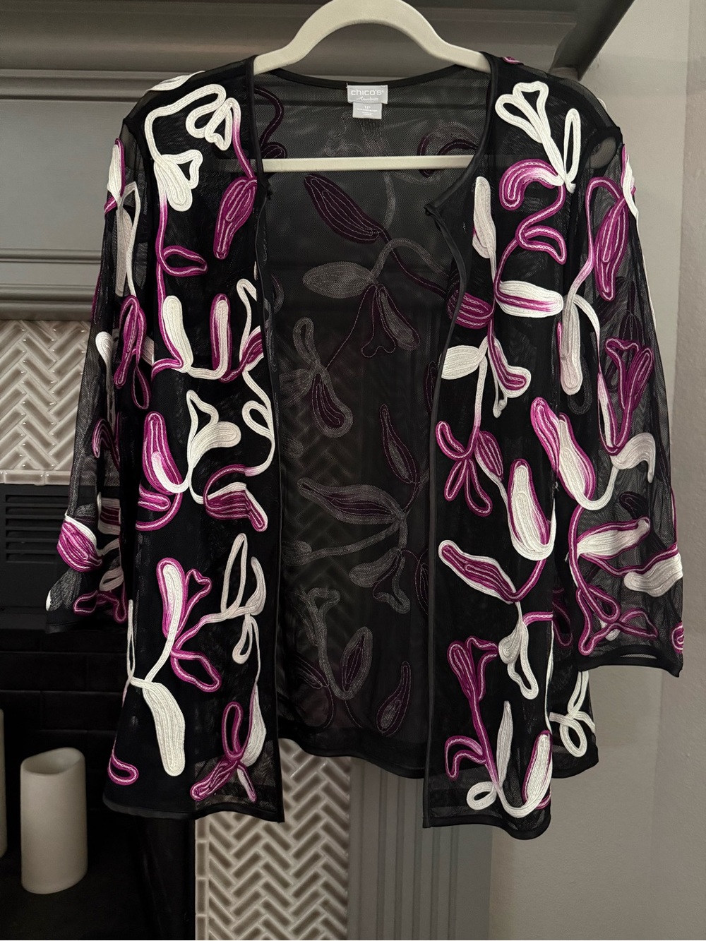 Chico's Black Sheer Jacket with Purple and White Embroidery